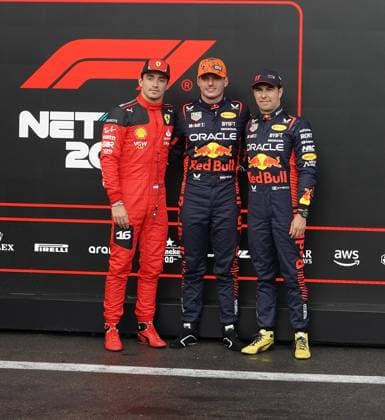 FORMULA 1 MSC CRUISES BELGIAN GRAND PRIX 2023 28.07.2023, Circuit de Spa-Francorchamps, Spa-Franchorchamps, FORMULA 1 MSC CRUISES BELGIAN GRAND PRIX 2023 , im Bild Poleposition für Max Verstappen (NLD), Oracle Red Bull Racing, 2.Startplatz für Charles Leclerc (MCO), Scuderia Ferrari, 3.Startplatz für Sergio Perez (MEX), Oracle Red Bull Racing