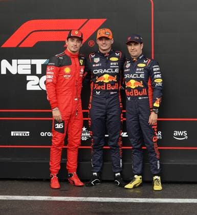 FORMULA 1 MSC CRUISES BELGIAN GRAND PRIX 2023 28.07.2023, Circuit de Spa-Francorchamps, Spa-Franchorchamps, FORMULA 1 MSC CRUISES BELGIAN GRAND PRIX 2023 , im Bild Poleposition für Max Verstappen (NLD), Oracle Red Bull Racing, 2.Startplatz für Charles Leclerc (MCO), Scuderia Ferrari, 3.Startplatz für Sergio Perez (MEX), Oracle Red Bull Racing