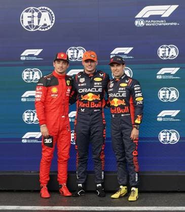 FORMULA 1 MSC CRUISES BELGIAN GRAND PRIX 2023 28.07.2023, Circuit de Spa-Francorchamps, Spa-Franchorchamps, FORMULA 1 MSC CRUISES BELGIAN GRAND PRIX 2023 , im Bild Poleposition für Max Verstappen (NLD), Oracle Red Bull Racing, 2.Startplatz für Charles Leclerc (MCO), Scuderia Ferrari, 3.Startplatz für Sergio Perez (MEX), Oracle Red Bull Racing