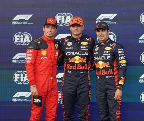 FORMULA 1 MSC CRUISES BELGIAN GRAND PRIX 2023 28.07.2023, Circuit de Spa-Francorchamps, Spa-Franchorchamps, FORMULA 1 MSC CRUISES BELGIAN GRAND PRIX 2023 , im Bild Poleposition für Max Verstappen (NLD), Oracle Red Bull Racing, 2.Startplatz für Charles Leclerc (MCO), Scuderia Ferrari, 3.Startplatz für Sergio Perez (MEX), Oracle Red Bull Racing
