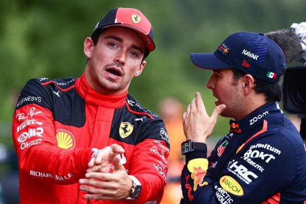 July 28, 2023, Spa, Belgium: Charles Leclerc of Ferrari and Sergio Perez of Red Bull Racing after qualifying session ahead of the F1 Grand Prix of Belgium at Circuit de Spa-Francorchamps on July 28, 2023 in Spa, Belgium. Spa Belgium - ZUMAz156 20230728_zip_z156_024 Copyright: xBeataxZawrzelx