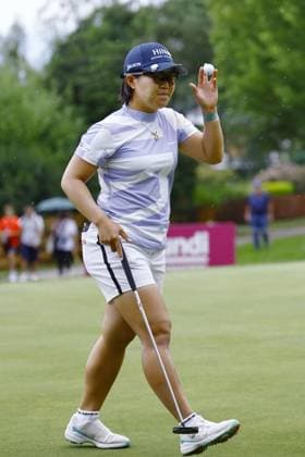 Golf: Evian Championship Nasa Hataoka of Japan reacts after making a birdie on the ninth hole during the third round of the Evian Championship golf tournament at Evian Resort Golf Club in Evian-les-Bains, France, on July 29, 2023.  A14AA0001723022P  