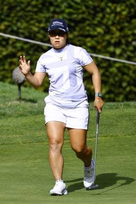 Golf: Evian Championship Nasa Hataoka of Japan reacts after making a birdie on the fourth hole during the third round of the Evian Championship golf tournament at Evian Resort Golf Club in Evian-les-Bains, France, on July 29, 2023.  A14AA0001723098P  