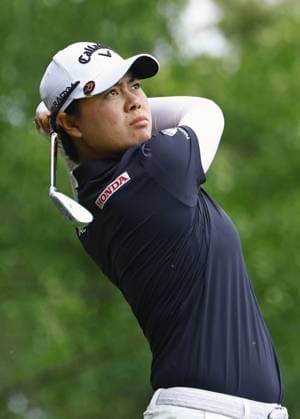 Golf: Evian Championship Yuka Saso of Japan hits off the second tee during the third round of the Evian Championship golf tournament at Evian Resort Golf Club in Evian-les-Bains, France, on July 29, 2023.  A14AA0001723102P  