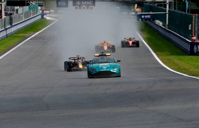 F1 Safety Car, Aston Martin Vantage, 1 Max Verstappen (NLD, Oracle Red Bull Racing), F1 Grand Prix of Belgium at Circuit de Spa-Francorchamps on July 29, 2023 in Spa-Francorchamps, Belgium. (Photo by HOCH ZWEI) Spa-Francorchamps Belgium