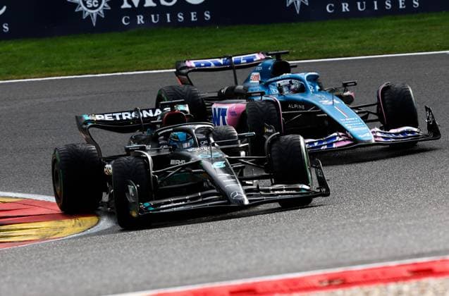 63 George Russell (GBR, Mercedes-AMG Petronas F1 Team), 31 Esteban Ocon (FRA, BWT Alpine F1 Team), F1 Grand Prix of Belgium at Circuit de Spa-Francorchamps on July 29, 2023 in Spa-Francorchamps, Belgium. (Photo by HOCH ZWEI) Spa-Francorchamps Belgium