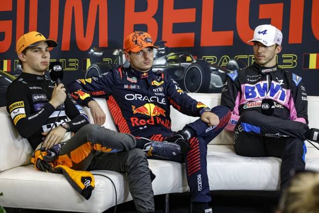 PIASTRI Oscar (aus), McLaren F1 Team MCL60, VERSTAPPEN Max (ned), Red Bull Racing RB19, GASLY Pierre (fra), Alpine F1 Team A523, portrait, press conference, PK, Pressekonferenz during the 2023 Formula 1 MSC Cruises Belgian Grand Prix, 12th round of the 2023 Formula One World Championship, WM, Weltmeisterschaft from July 28 to 30, 2023 on the Circuit de Spa-Francorchamps, in Stavelot, Belgium - F1 - BELGIAN GRAND PRIX 2023 DPPI Panoramic _PV_0863