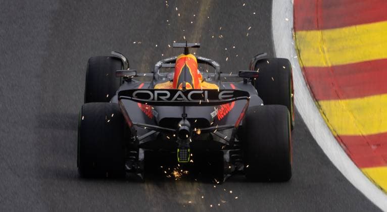 Sparks shoot from the back of the car of Red Bull Racing Dutch rider Max Verstappen during the sprint race of the F1 Grand Prix of Belgium auto race, in Spa-Francorchamps, Saturday 29 July 2023. The Spa-Francorchamps Formula One Grand Prix takes place this weekend, from July 28th to July 30th. BENOITxDOPPAGNE  x71275546x