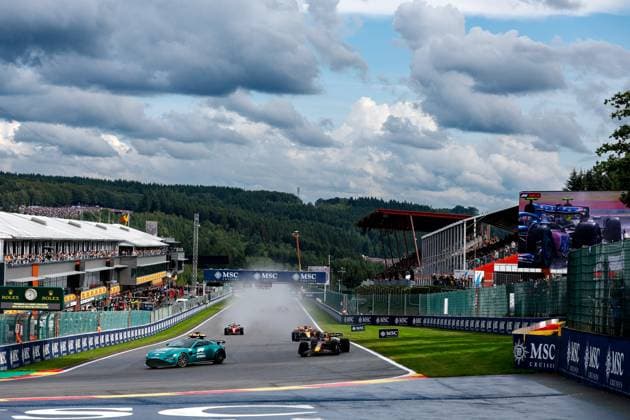 F1 Safety Car, Aston Martin Vantage, 1 Max Verstappen (NLD, Oracle Red Bull Racing), F1 Grand Prix of Belgium at Circuit de Spa-Francorchamps on July 29, 2023 in Spa-Francorchamps, Belgium. (Photo by HOCH ZWEI) Spa-Francorchamps Belgium