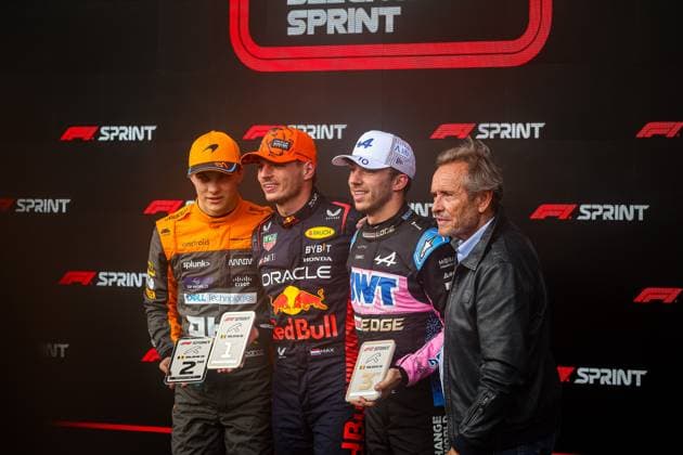 Photo celebration Belgian GP (sprint race), Max Verstappen, Oscar Piastri, Pierre Gasly during the Belgian GP, Spa-Francorchamps 27-30 July 2023 Formula 1 World Championship, WM, Weltmeisterschaft 2023.  Copyright: xFedericoxBasile IPAx xipa-agencyx xFedericoxBasile IPAx 0 IPA_IPA39475951