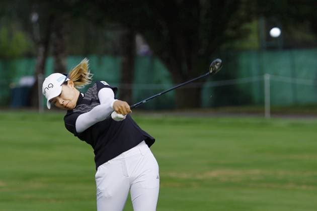 Golf: Evian Championship Hinako Shibuno of Japan plays a shot on the first hole during the final round of the Evian Championship golf tournament at Evian Resort Golf Club in Evian-les-Bains, France, on July 30, 2023.  A14AA0001726177P  