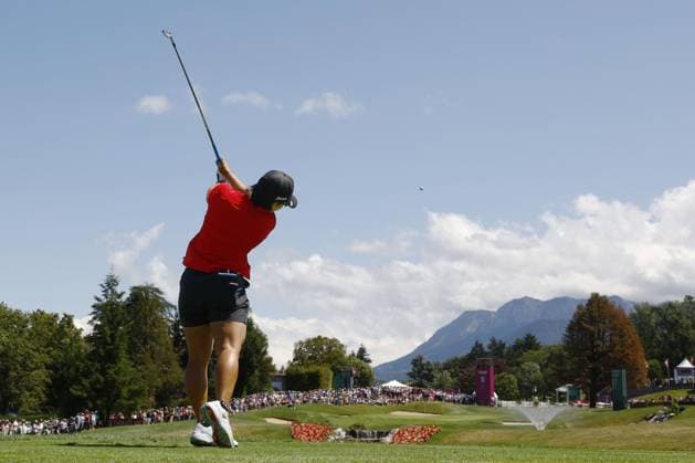 Golf: Evian Championship Nasa Hataoka of Japan hits off the fifth tee during the final round of the Evian Championship golf tournament at Evian Resort Golf Club in Evian-les-Bains, France, on July 30, 2023.  A14AA0001726372P  