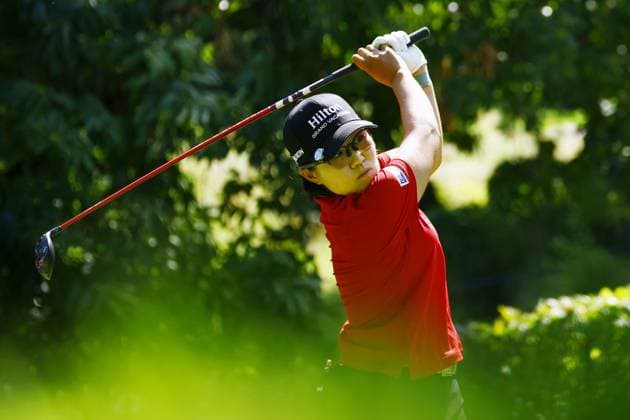 Golf: Evian Championship Nasa Hataoka of Japan hits off the third tee during the final round of the Evian Championship golf tournament at Evian Resort Golf Club in Evian-les-Bains, France, on July 30, 2023.  A14AA0001726380P  