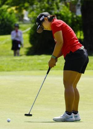 Golf: Evian Championship Nasa Hataoka of Japan makes a birdie on the first hole during the final round of the Evian Championship golf tournament at Evian Resort Golf Club in Evian-les-Bains, France, on July 30, 2023.  A14AA0001726391P  