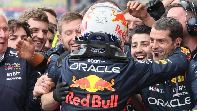 Red Bull Racing Dutch rider Max Verstappen celebrates with his team as he won the F1 Grand Prix of Belgium auto race, in Spa-Francorchamps, Sunday 30 July 2023. The Spa-Francorchamps Formula One Grand Prix takes place this weekend, from July 28th to July 30th. BENOITxDOPPAGNE  x71311817x