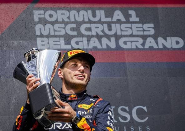 Sport Themen der Woche KW30 SPA - Max Verstappen (Red Bull Racing) on the podium after winning the Grand Prix of Belgium at the Circuit de Spa-Francorchamps. ANP SEM VAN DER WAL F1 Grand Prix of Belgium 2023 xVIxANPxSportx xxANPxIVx 474538410 originalFilename: 474538410.jpg