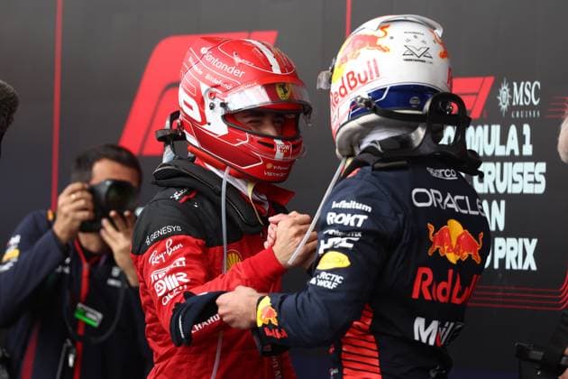 F1 Gran Prix of Belgium Max Verstappen of Red Bull Racing shakes hands with Charles Leclerc of Scuderia Ferrari at the end of the F1 Grand Prix of Belgium at Spa Francorchamps on July 30, 2023 Stavelot, Belgium. Stavelot Spa Francorchamps Belgium Copyright: xMarcoxCanonierox