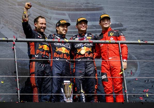 SPA - Sergio Perez (Red Bull Racing), Max Verstappen (Red Bull Racing) and Charles Leclerc (Ferrari) on the podium after the Grand Prix of Belgium at the Circuit de Spa-Francorchamps. ANP SEM VAN DER WAL F1 Grand Prix of Belgium 2023 xVIxANPxSportx xxANPxIVx 474540822 originalFilename: 474540822.jpg