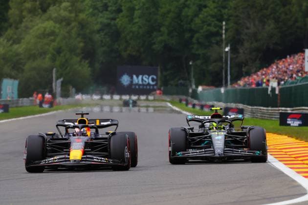 1 Max Verstappen (NLD, Oracle Red Bull Racing), 44 Lewis Hamilton (GBR, Mercedes-AMG Petronas F1 Team), F1 Grand Prix of Belgium at Circuit de Spa-Francorchamps on July 30, 2023 in Spa-Francorchamps, Belgium. (Photo by HOCH ZWEI) Spa-Francorchamps Belgium