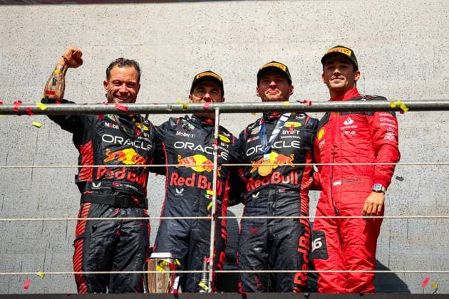 11 Sergio Perez (MEX, Oracle Red Bull Racing), 1 Max Verstappen (NLD, Oracle Red Bull Racing), 16 Charles Leclerc (MCO, Scuderia Ferrari), F1 Grand Prix of Belgium at Circuit de Spa-Francorchamps on July 30, 2023 in Spa-Francorchamps, Belgium. (Photo by HOCH ZWEI) Spa-Francorchamps Belgium