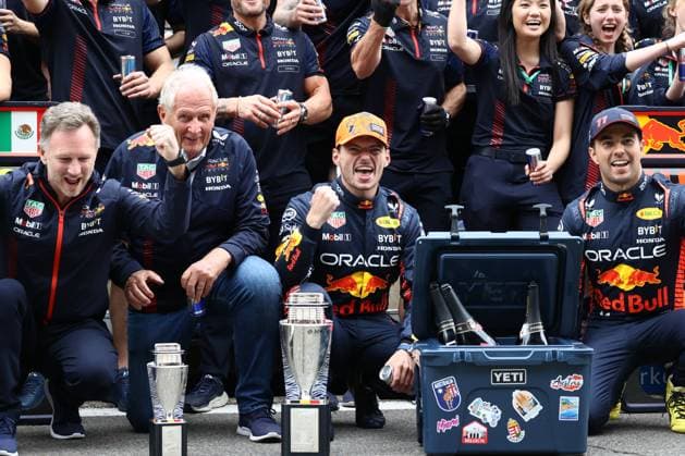 F1 Belgian Grand Prix 2023 Christian Horner, Helmut Marko, Max Verstappen and Sergio Perez of Red Bull Racing celebrates with the team after the Formula 1 Belgian Grand Prix at Spa-Francorchamps in Spa, Belgium on July 30, 2023. Spa Belgium  Copyright: xJakubxPorzyckix originalFilename:porzycki-f1belgia230730_npcvS.jpg