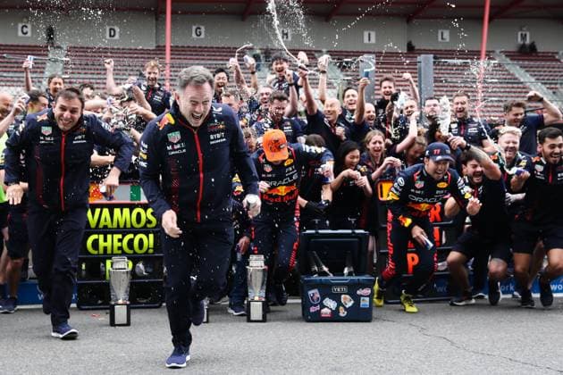 F1 Belgian Grand Prix 2023 Christian Horner, Max Verstappen and Sergio Perez of Red Bull Racing celebrate with the team after the Formula 1 Belgian Grand Prix at Spa-Francorchamps in Spa, Belgium on July 30, 2023. Spa Belgium  Copyright: xJakubxPorzyckix originalFilename:porzycki-f1belgia230730_npJHj.jpg