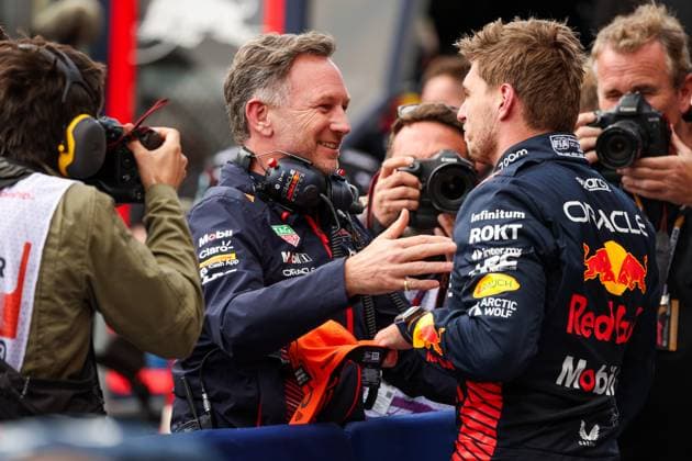 HORNER Christian (gbr), Team Principal of Red Bull Racing, VERSTAPPEN Max (ned), Red Bull Racing RB19, portrait during the 2023 Formula 1 MSC Cruises Belgian Grand Prix, 12th round of the 2023 Formula One World Championship, WM, Weltmeisterschaft from July 28 to 30, 2023 on the Circuit de Spa-Francorchamps, in Stavelot, Belgium - F1 - BELGIAN GRAND PRIX 2023 - RACE DPPI Panoramic 00123028_GOOD8054
