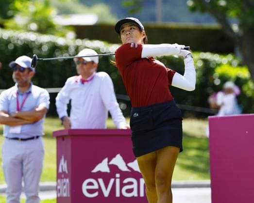 Golf: Evian Championship Celine Boutier of France hits a shot during the final round of the Evian Championship golf tournament at Evian Resort Golf Club in Evian-les-Bains, France, on July 30, 2023.  A14AA0001728015P  
