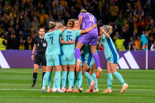 Australia celebrating the teams first goal during the FIFA Women s World Cup 2023 match between Canada Women and Australia Women at Melbourne Rectangular Stadium, Melbourne, Australia on 31 July 2023. Copyright: xRichardxNicholsonx 37840004
