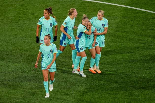 Canada v Australia Women 2023 FIFA Women™s World Cup 31 07 2023. Goal 0-1 Hayley Raso (16) of Australia scores a goal and celebratesduring the 2023 FIFA Women™s World Cup match between Canada Women and Australia Women at Melbourne Rectangular Stadium, Melbourne, Australia on 31 July 2023. Editorial use only , Copyright: xNigelxKeenex PSI-17738-0018