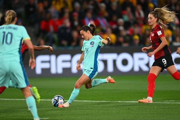 Mandatory Credit: Photo by Morgan Hancock Shutterstock (14028970z) Hayley Raso of Australia scores the first goal Canada Women v Australia Women, FIFA Women s World Cup, Group B, International Football, Melbourne Rectangular Stadium, Perth, Australia - 31 July 2023 Canada Women v Australia Women, FIFA Women s World Cup, Group B, International Football, Melbourne Rectangular Stadium, Perth, Australia - 31 July 2023  Copyright: xMorganxHancock Shutterstockx 14028970z