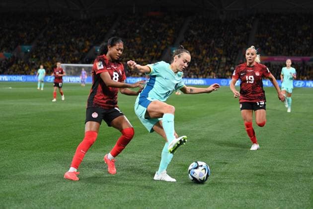 Mandatory Credit: Photo by Morgan Hancock Shutterstock (14028970as) Jayde Riviere of Canada, Caitlin Foord of Australia and Katrina Adriana Leon of Canada Canada Women v Australia Women, FIFA Women s World Cup, Group B, International Football, Melbourne Rectangular Stadium, Perth, Australia - 31 July 2023 Canada Women v Australia Women, FIFA Women s World Cup, Group B, International Football, Melbourne Rectangular Stadium, Perth, Australia - 31 July 2023  Copyright: xMorganxHancock Shutterstockx 14028970as