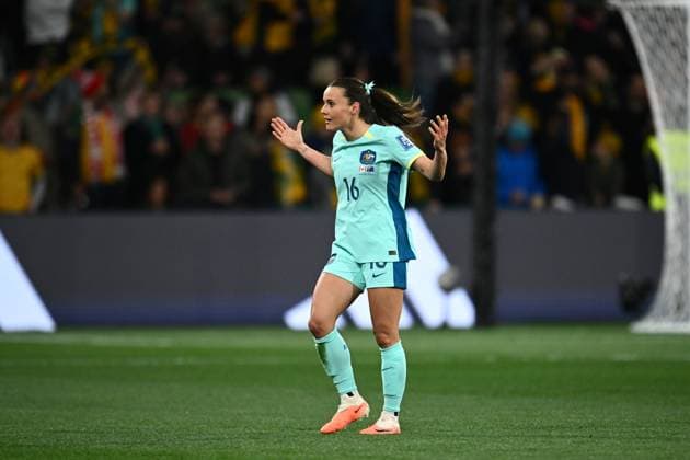 WWC23 CANADA AUSTRALIA, Hayley Raso of Australia reacts before being awarded her opening goal during the FIFA Women s World Cup 2023 soccer match between Canada and Australia at Melbourne Rectangular Stadium in Melbourne, Monday, July 31, 2023. ( NO ARCHIVING, EDITORIAL USE ONLY, NO USE IN BOOKS WITHOUT CONSENT MELBOURNE VICTORIA AUSTRALIA  Copyright: xJOELxCARRETTx 20230731001826346713