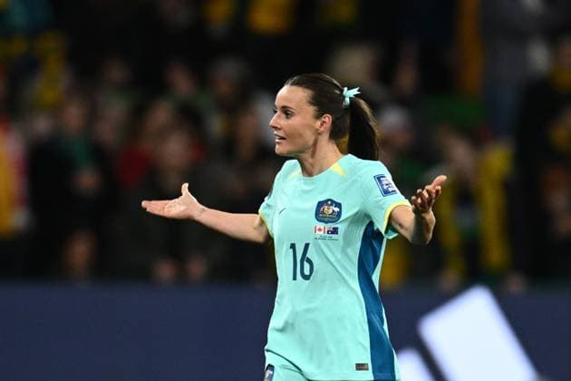 WWC23 CANADA AUSTRALIA, Hayley Raso of Australia reacts before being awarded her opening goal during the FIFA Women s World Cup 2023 soccer match between Canada and Australia at Melbourne Rectangular Stadium in Melbourne, Monday, July 31, 2023. ( NO ARCHIVING, EDITORIAL USE ONLY, NO USE IN BOOKS WITHOUT CONSENT MELBOURNE VICTORIA AUSTRALIA  Copyright: xJOELxCARRETTx 20230731001826346796