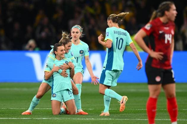 Mandatory Credit: Photo by Morgan Hancock Shutterstock (14028970aw) Hayley Raso of Australia scores the first goal Canada Women v Australia Women, FIFA Women s World Cup, Group B, International Football, Melbourne Rectangular Stadium, Perth, Australia - 31 July 2023 Canada Women v Australia Women, FIFA Women s World Cup, Group B, International Football, Melbourne Rectangular Stadium, Perth, Australia - 31 July 2023  Copyright: xMorganxHancock Shutterstockx 14028970aw