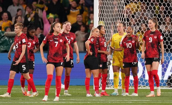 Mandatory Credit: Photo by Shutterstock (14029229c) Canada s Ashley Lawrence and her teammates react after conceeding their second goal Canada Women v Australia Women, FIFA Women s World Cup, Group B, International Football, Melbourne Rectangular Stadium, Perth, Australia - 31 July 2023 Canada Women v Australia Women, FIFA Women s World Cup, Group B, International Football, Melbourne Rectangular Stadium, Perth, Australia - 31 July 2023  Copyright: xShutterstockx 14029229c