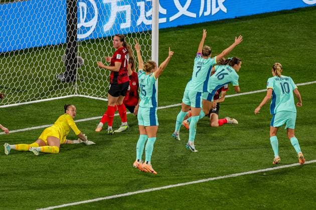 Canada v Australia Women 2023 FIFA Women™s World Cup 31 07 2023. Goal 0-2 Hayley Raso (16) of Australia scores a goal and celebrates during the 2023 FIFA Women™s World Cup match between Canada Women and Australia Women at Melbourne Rectangular Stadium, Melbourne, Australia on 31 July 2023. Editorial use only , Copyright: xNigelxKeenex PSI-17738-0036