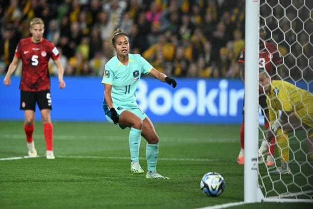 WWC23 CANADA AUSTRALIA, Mary Fowler of Australia scores a goal during the FIFA Women s World Cup 2023 soccer match between Canada and Australia at Melbourne Rectangular Stadium in Melbourne, Monday, July 31, 2023. ( NO ARCHIVING, EDITORIAL USE ONLY, NO USE IN BOOKS WITHOUT CONSENT MELBOURNE VICTORIA AUSTRALIA  Copyright: xJAMESxROSSx 20230731001826368350