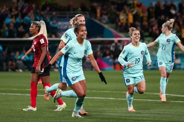 MELBOURNE, AUSTRALIA - JULY 31: Mary Fowler of Australia celebrates her goal during the Women s World Cup football match between Canada and Australia at AAMI Park on July 31, 2023 in Melbourne, Australia. (Photo by Dave Hewison Speed Media Icon Sportswire) SOCCER: JUL 31 Women s World Cup - Canada v Australia EDITORIAL USE ONLY Icon2307311199