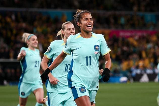 MELBOURNE, AUSTRALIA - JULY 31: Mary Fowler of Australia celebrates her goal during the Women s World Cup football match between Canada and Australia at AAMI Park on July 31, 2023 in Melbourne, Australia. (Photo by Dave Hewison Speed Media Icon Sportswire) SOCCER: JUL 31 Women s World Cup - Canada v Australia EDITORIAL USE ONLY Icon2307311208