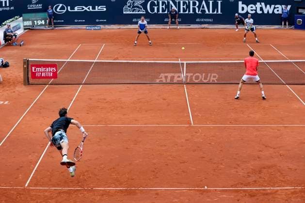 TENNIS - ATP, Tennis Herren Generali Open 2023 KITZBUEHEL,AUSTRIA,31.JUL.23 - TENNIS - ATP World Tour, Generali Open. Image shows Dominic Thiem, Sebastian Ofner (AUT) Guido Andreozzi and Guillermo Duran (ARG).  GEPAxpictures xPatrickxSteiner