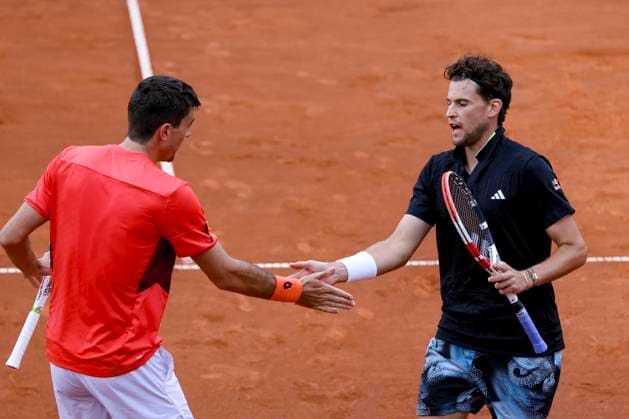 TENNIS - ATP, Tennis Herren Generali Open 2023 KITZBUEHEL,AUSTRIA,31.JUL.23 - TENNIS - ATP World Tour, Generali Open. Image shows Sebastian Ofner and Dominic Thiem (AUT).  GEPAxpictures xPatrickxSteiner
