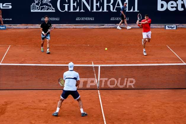TENNIS - ATP, Tennis Herren Generali Open 2023 KITZBUEHEL,AUSTRIA,31.JUL.23 - TENNIS - ATP World Tour, Generali Open. Image shows Dominic Thiem and Sebastian Ofner (AUT).  GEPAxpictures xPatrickxSteiner