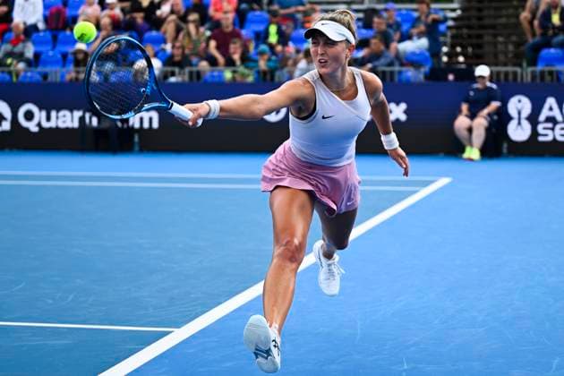 Gabriela Knutsonova (Czech Republic) in action against Tereza Martincova (Czech Republic) during the WTA, Tennis Damen Prague Open 2023 tennis tournament, 1st round, on August 1, 2023, in Prague, Czech Republic. (CTKxPhoto OndrejxDeml) CTKPhotoP2023080106327  CTKPhotoP2023080106327