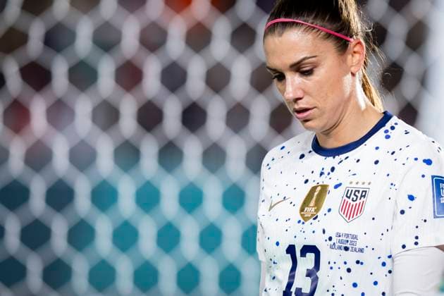 August 2, 2023, Auckland, Auckland, New Zealand: USA forward ALEX MORGAN 13 walks past the goal she heads back to the bench after being subbed out in the second half of the 2023 FIFA Women s World Cup Group E match against Portugal at the Eden Park Stadium. USA 0:0 Portugal Auckland New Zealand - ZUMAb240 20230802_zsp_b240_032 Copyright: xIraxL.xBlackx