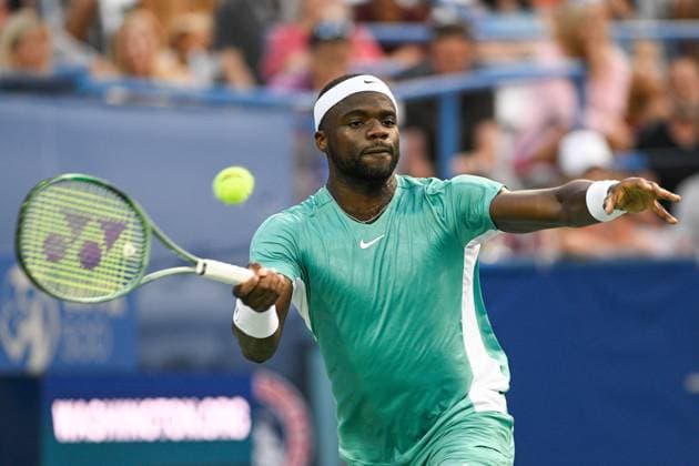 August 1, 2023, Washington, D.C, U.S: FRANCIS TIAFOE hits a forehand during his match at the Rock Creek Tennis Center. Washington U.S. - ZUMAg196 20230801_zap_g196_061 Copyright: xKylexGustafsonx
