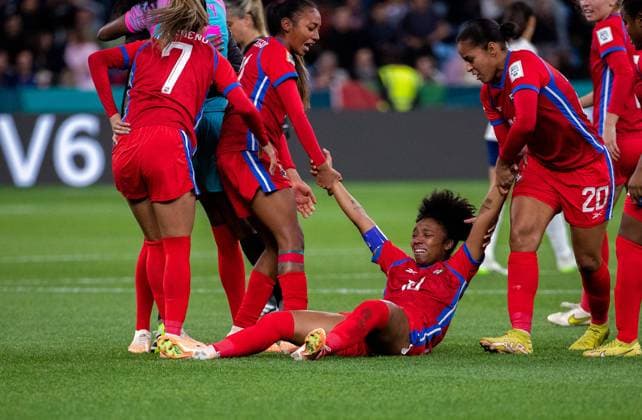 (230802) -- SYDNEY, Aug. 2, 2023 -- Marta Cox (bottom) celebrates scoring with teammates during the Group F match between Panama and France at the 2023 FIFA Women s World Cup in Sydney, Australia, Aug. 2, 2023. (Photo by Xinhua) (SP)AUSTRALIA-SYDNEY-2023 FIFA WOMEN S WORLD CUP-GROUP F-PAN VS FRA HuxJingchen 