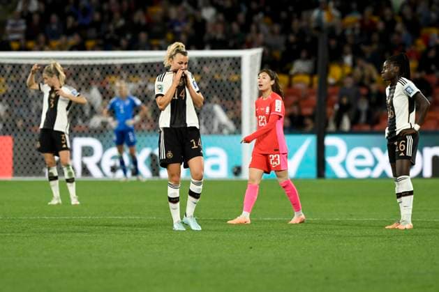 3rd August 2023; Brisbane Stadium, Brisbane, Queensland, Australia: FIFA Womens World Cup Group H Football, Korea Republic versus Germany; Lena Lattwein and Nicole Anyomi of Germany react at the final whistle and after Germany fail to qualify for the last 16  ActionPlus12538587 NigelxOwen
