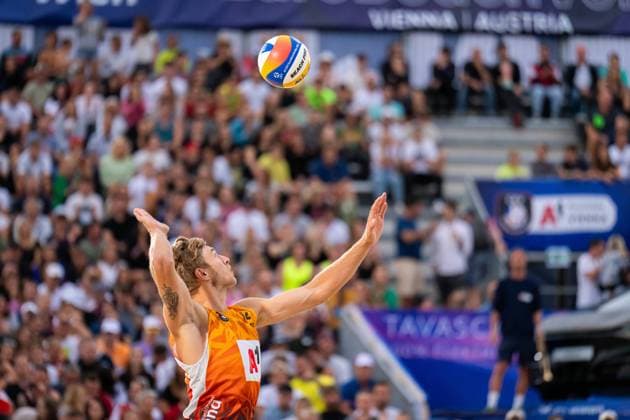 Beach volleyball, Beachvolleyball - CEV EuroBeachVolley 2023 VIENNA,AUSTRIA,03.AUG.23 - BEACH VOLLEYBALL - CEV, European Beach Volleyball Championships. Image shows Steven Van De Velde (NED).  GEPAxpictures xEdgarxEisner