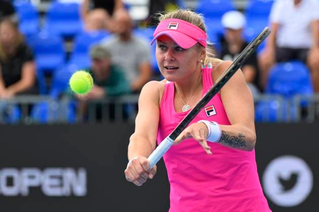 Kateryna Baindl of Ukraine in action during match against Jaqueline Cristian of Romania within the WTA, Tennis Damen Prague Open 2023 tennis tournament, 3rd round, on August 4, 2023, in Prague, Czech Republic. (CTKxPhoto OndrejxDeml) CTKPhotoP2023080404096  CTKPhotoP2023080404096